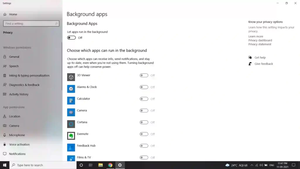 How to disable backgound apps in windows