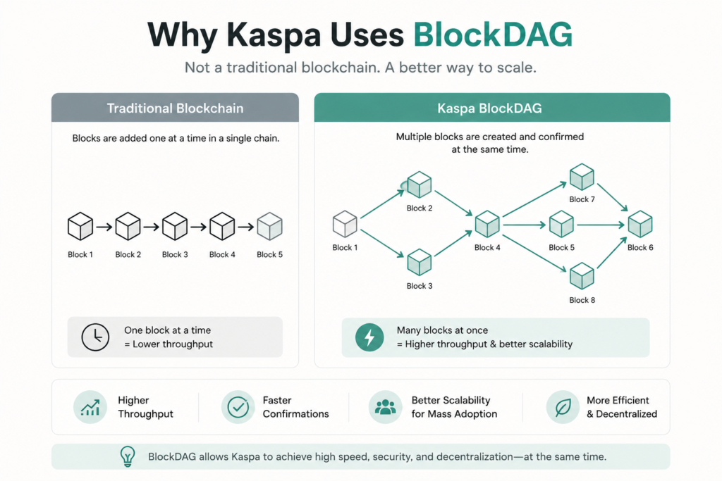 Comparison of Kaspa's BlockDAG architecture and a traditional blockchain, showing how multiple blocks can be processed simultaneously for improved scalability.