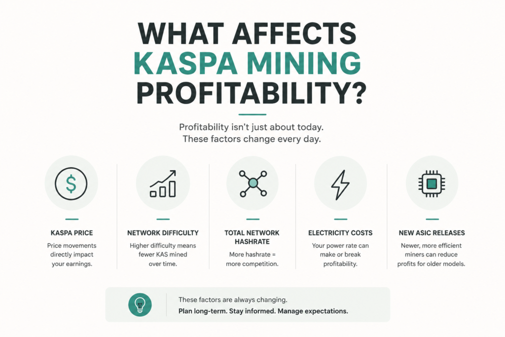 Infographic showing the key factors that affect Kaspa mining profitability, including KAS price, network difficulty, network hashrate, electricity costs, and new ASIC releases.